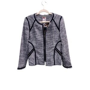 Yoana Baraschi Womens blue Grey Tweed Zip Up Jacket NYC Fringed Size 10 Preppy